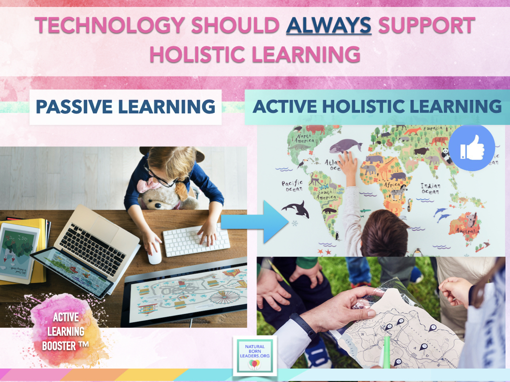 example of passive technology based learning contrasted with active holistic learning with children playing with colourful map of the world and  examining map outdoors on a trip 